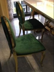 Green cushion, gold stainless steel chair, circular hollow backrest, European style seat