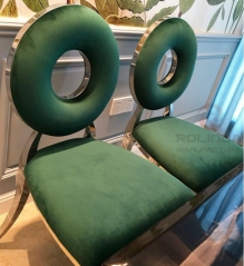 Green cushion, gold stainless steel chair, circular hollow backrest, European style seat