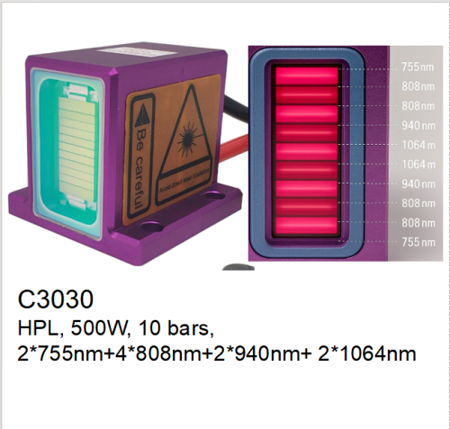 C3030 diode laser stack HPL, 500W, 10 bars, 2×755 + 4×808 + 2×940 + 2×1064
