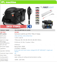 TT001 IPL machine 1000W hand piece model M, spot 15*50, 7 filters, 8" display
