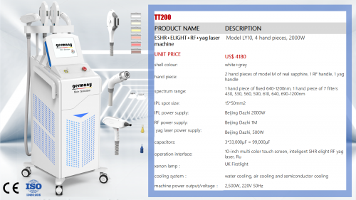 LY10 TT200 ESHR+ELIGHT+RF+yag laser machine  4 hand pieces, 2000W SHR power supply, 1M RF power supply
