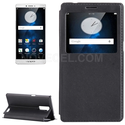 Litchi Texture Horizontal Flip Solid Color Leather Case with Holder & Call Display ID for OPPO R7 Plus(Black)