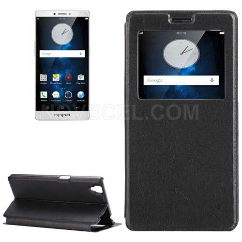 Litchi Texture Horizontal Flip Solid Color Leather Case with Holder & Call Display ID for OPPO R7s(Black)