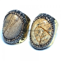 Picture Jasper With Crsytal Diamond Gold Plated Adjustable Copper Ring, Sell By Piece