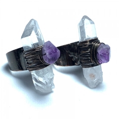 Clear Quartz Hexagonal With Amethyst Raw Nugget Adjustable Copper Ring, Sell By Piece