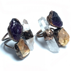 Clear Quartz Hexagonal With Amethyst & Citrine Rough Nugget Adjustable Copper Ring, Sell By Piece