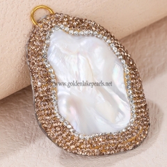 White Freshwater Pearl With Crsytal Diamond Gold Plated Copper Pendant, Approx 35x53mm, Sell By Piece