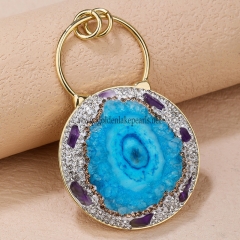 Blue Sunflower Druzy Agate Nugget, Amethyst Chips With Crsytal Diamond Gold Plated Copper Pendant, Approx 40x66mm, Sell By Piece