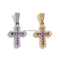 Silver&Gold Plating Purple CZ Copper Cross Pendant, Approx 15x30mm, Sale By piece