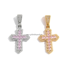 Silver&Gold Plating Pink CZ Copper Cross Pendant, Approx 15x30mm, Sale By piece