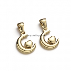 Stainless Steel Pendants, Crescent Moon with Heart Charm, Golden, Approx 14.5x12x2.5mm, Sale by Piece