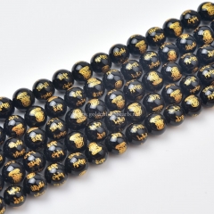 Black Agate Carved God of Wealth Plain Rounds, Approx 8-10mm, Approx 38cm/strands