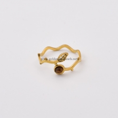 Yellow Tiger Eye Gold Plated Stainless Steel Wave Leaf Open Finger Rings, Stone Approx 3mm, Sell by Piece
