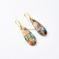 Impression Jasper Drop Earrings, with Gold Color Plated Base Metal Ear Hook, Approx 15x35mm, Sell by Pair