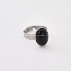 Black Agate Stainless Steel Adjustable Finger Rings, Stone Approx 10x14mm, Sell by Piece