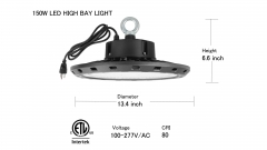 150W UFO LED High Bay Light 5000K UFO Shop Light with US Plug 5 ft Cable