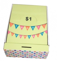 Candy cardboard counter top display box with coin storage box