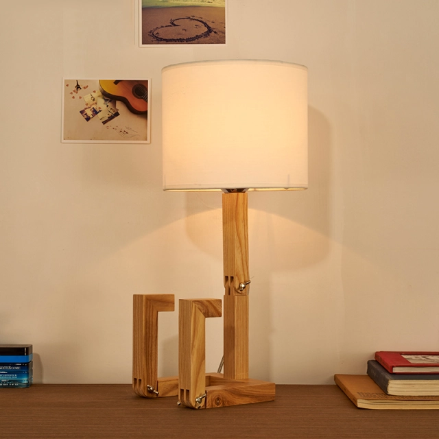 Stylish Wooden 1 Light Full Sized Table Lamp with Fabric Round Shade