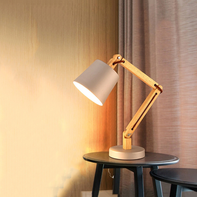 Nordic Stylish 1 Light Desk Lamp Plug-in Bedside Lamp with Wooden Adjustable Arm and Cone Shade