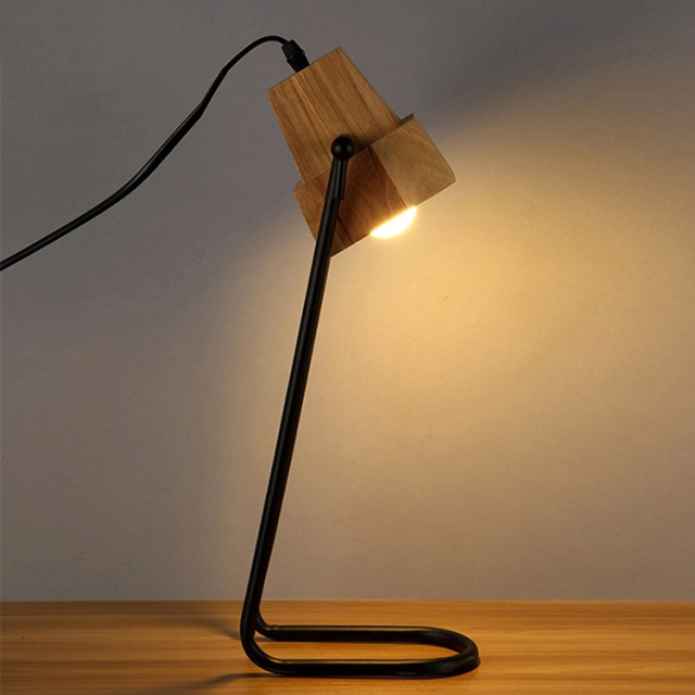 Modern 1 Light Plug-in Mini Desk Lamp with Wooden Shade