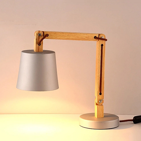 Nordic Stylish 1 Light Desk Lamp Plug-in Bedside Lamp with Wooden Adjustable Arm and Cone Shade