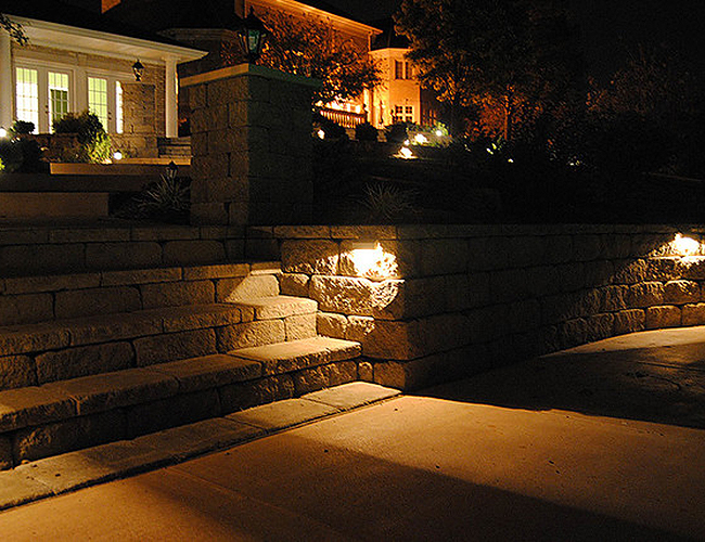 stone wall with lights