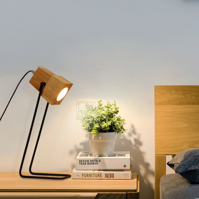 Modern 1 Light Plug-in Mini Desk Lamp with Wooden Shade