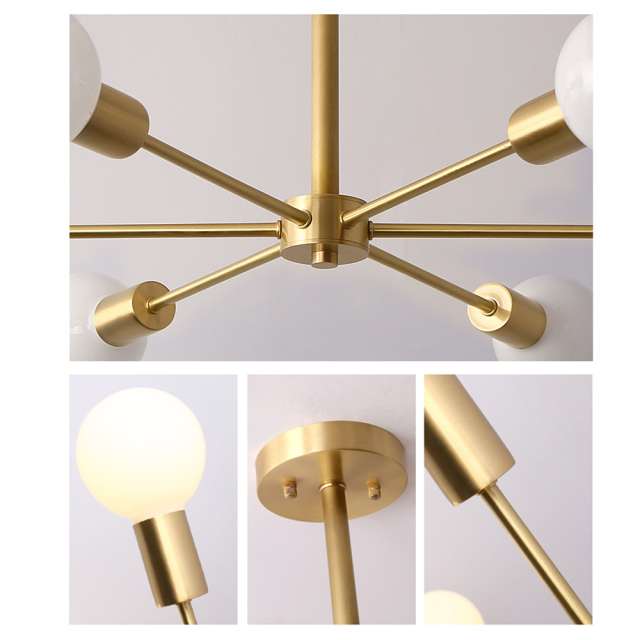 Mid Century Modern Branching 6 Light Semi Flush Mount Dimmable in Brass Bedroom Dinning Room
