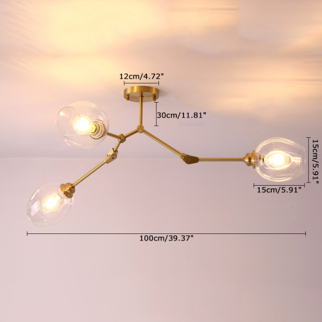 3 Light Organic Branching Modern Ceiling Light Semi-Flush Mount in Brass