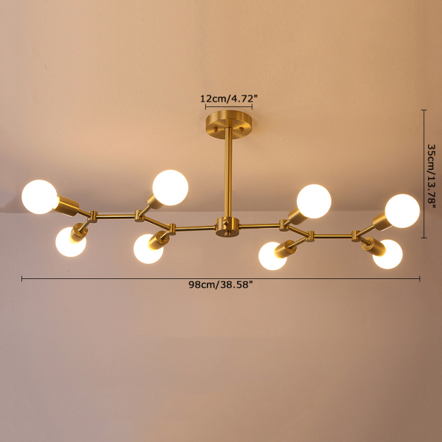 Contemporary Style Branching 8 Light Close to Ceiling Light in Brass