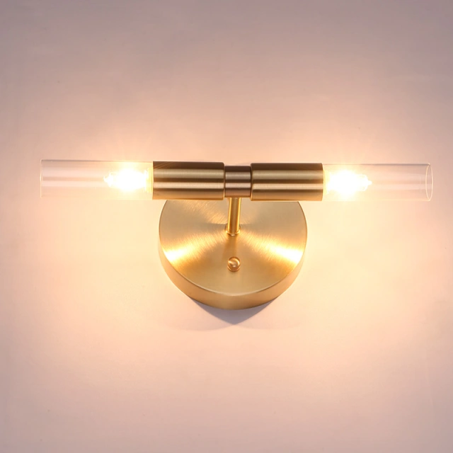Modern Style 2 Light Brass Wall Lamp with Cylindrical Glass Shade for Bedside Vanity Mirror Lighting
