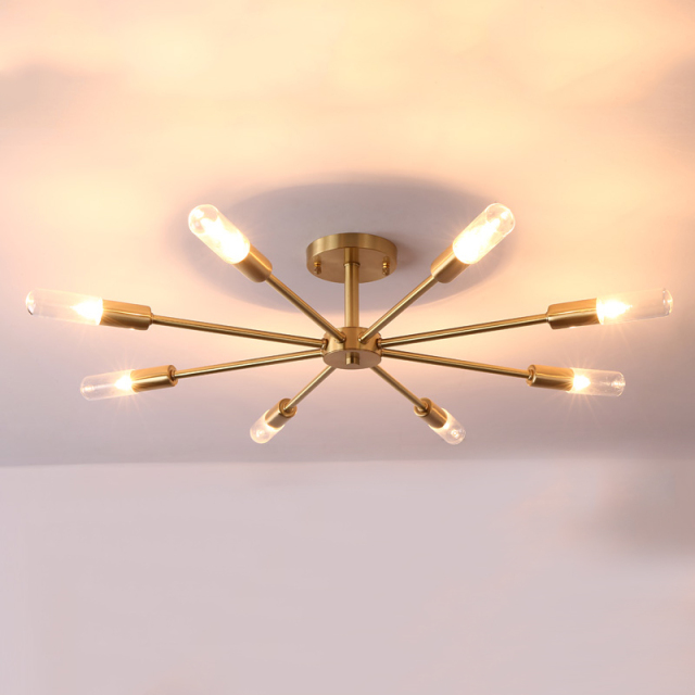 Dimmable 8 Light Frosted Glass Industrial Sputnik Semi Flush Mount Ceiling Lamp in Brass