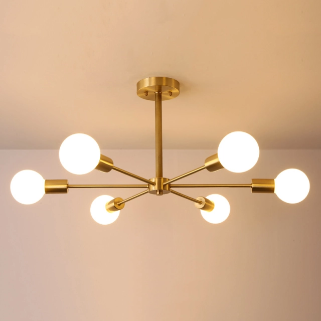 Mid Century Modern Branching 6 Light Semi Flush Mount Dimmable in Brass Bedroom Dinning Room