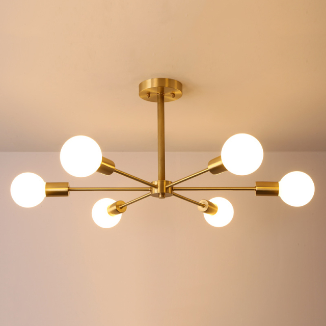 Mid Century Modern Branching 6 Light Semi Flush Mount Dimmable in Brass Bedroom Dinning Room