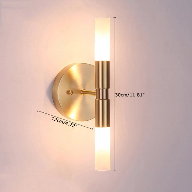 Modern Style 2 Light Brass Wall Lamp with Cylindrical Glass Shade for Bedside Vanity Mirror Lighting