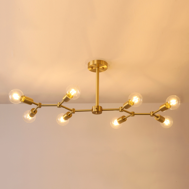 Contemporary Style Branching 8 Light Close to Ceiling Light in Brass