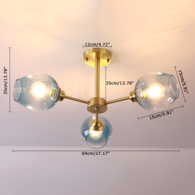 Modern Style 3 Light Semi-Flush Mount Ceiling Lamp in Brass with Hand Blown Glass Shade