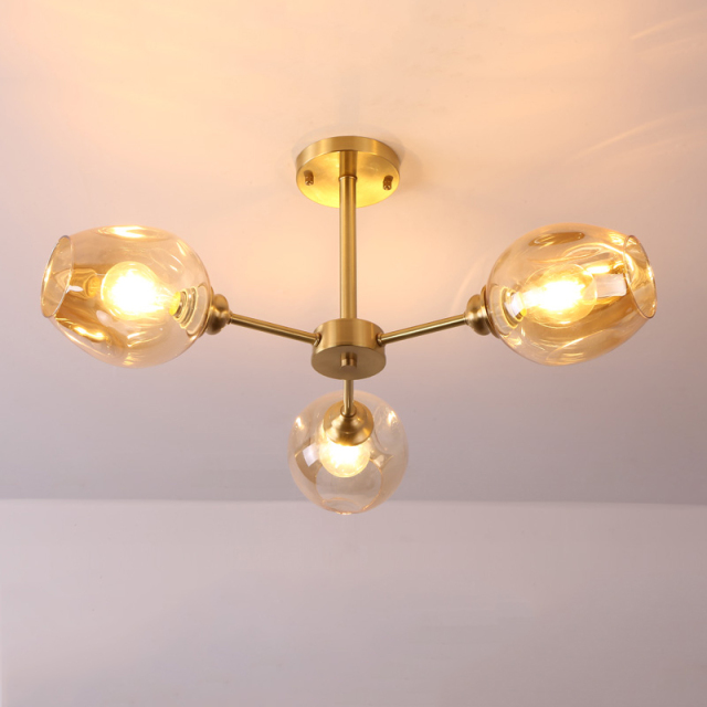 Modern Style 3 Light Semi-Flush Mount Ceiling Lamp in Brass with Hand Blown Glass Shade