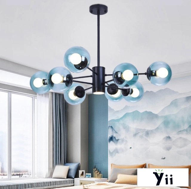 Modo 8 Light Branching Bubble Designer Modern Chandelier with Blue Glass Shade