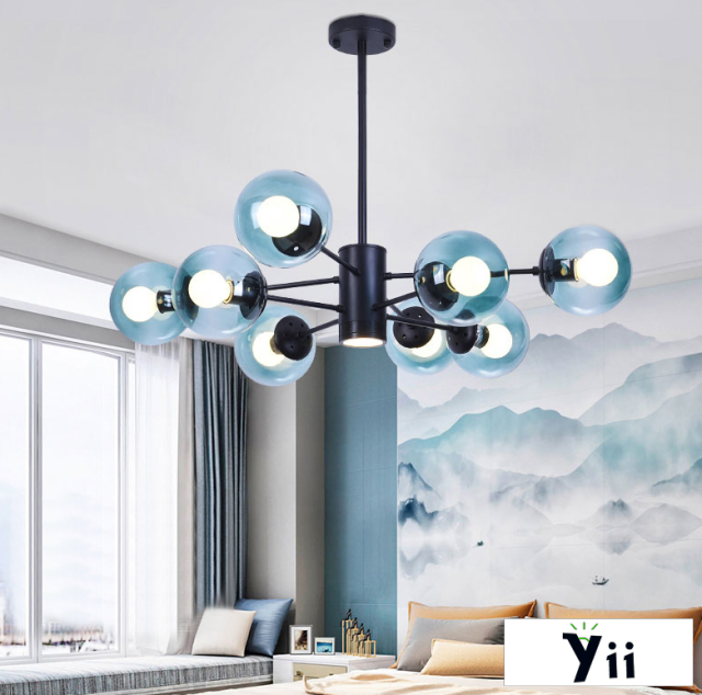 Modo 8 Light Branching Bubble Designer Modern Chandelier with Blue Glass Shade