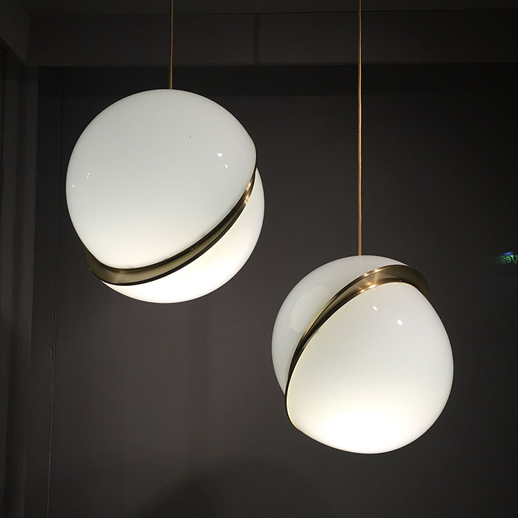 Modern Mid Century Chic 1 Light Opal Globe Hanging  Pendant Light in Brushed Brass for Showroom Coffee Shop Bedside