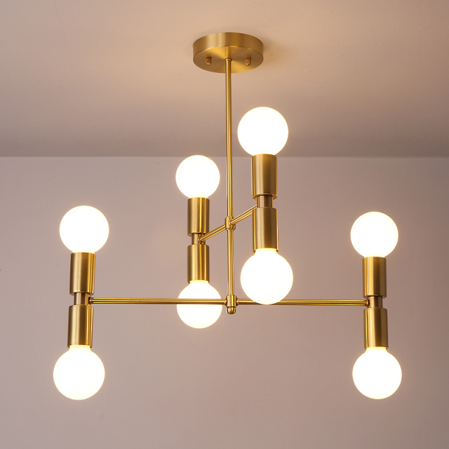 8 Light Iron Metal Modern Style Semi Flush Ceiling Light, Brass