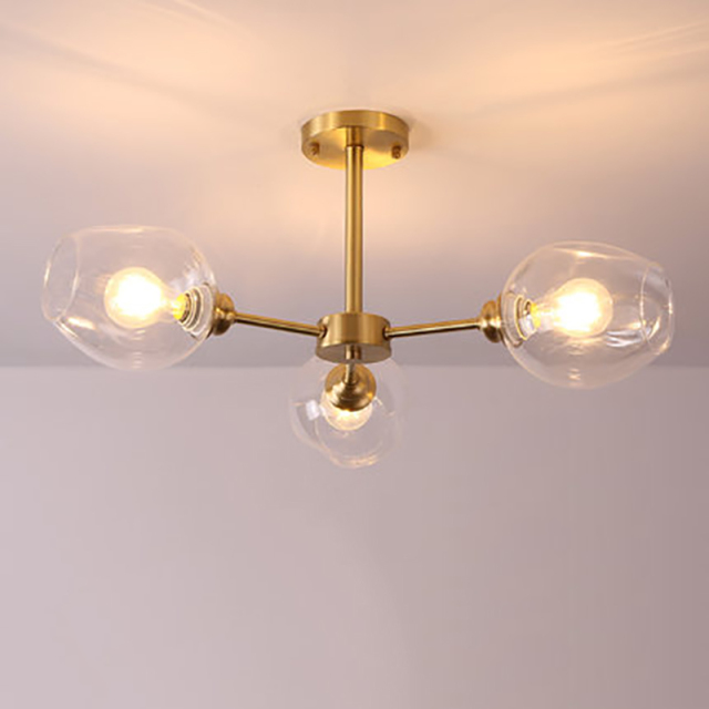 Modern Style 3 Light Semi-Flush Mount Ceiling Lamp in Brass with Hand Blown Glass Shade