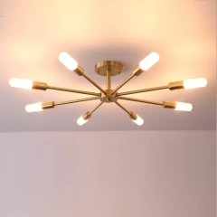 Dimmable 8 Light Frosted Glass Industrial Sputnik Semi Flush Mount Ceiling Lamp in Brass