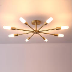 Dimmable 8 Light Frosted Glass Industrial Sputnik Semi Flush Mount Ceiling Lamp in Brass