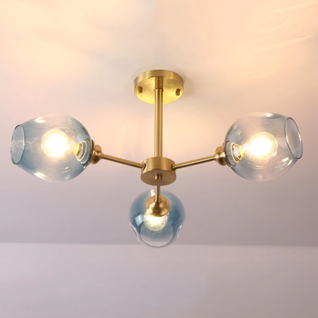 Modern Style 3 Light Semi-Flush Mount Ceiling Lamp in Brass with Hand Blown Glass Shade
