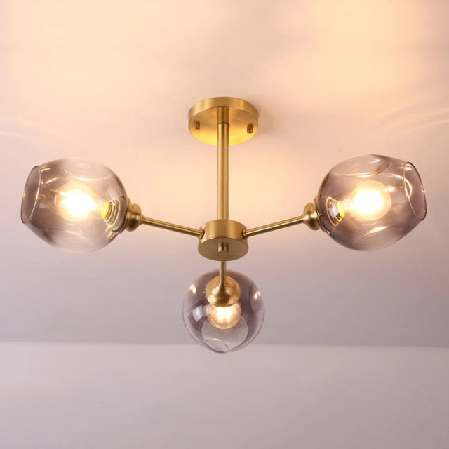 Modern Style 3 Light Semi-Flush Mount Ceiling Lamp in Brass with Hand Blown Glass Shade