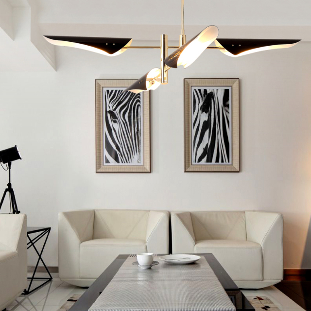 Modern 6 Light Chandelier in Brass with Black/White Shade