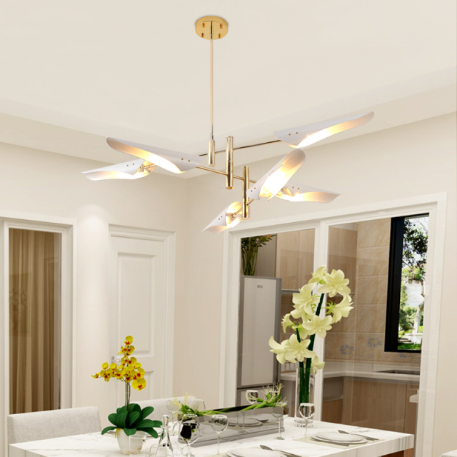 Modern 6 Light Chandelier in Brass with Black/White Shade