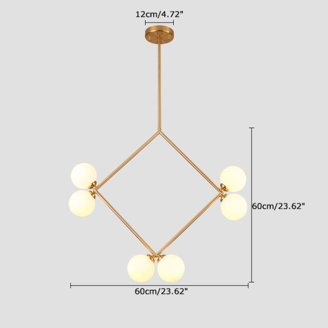 Modern 6-Light Geometric Brass Chandelier with Opal Glass Globe for Kitchen, Bar and Resturant